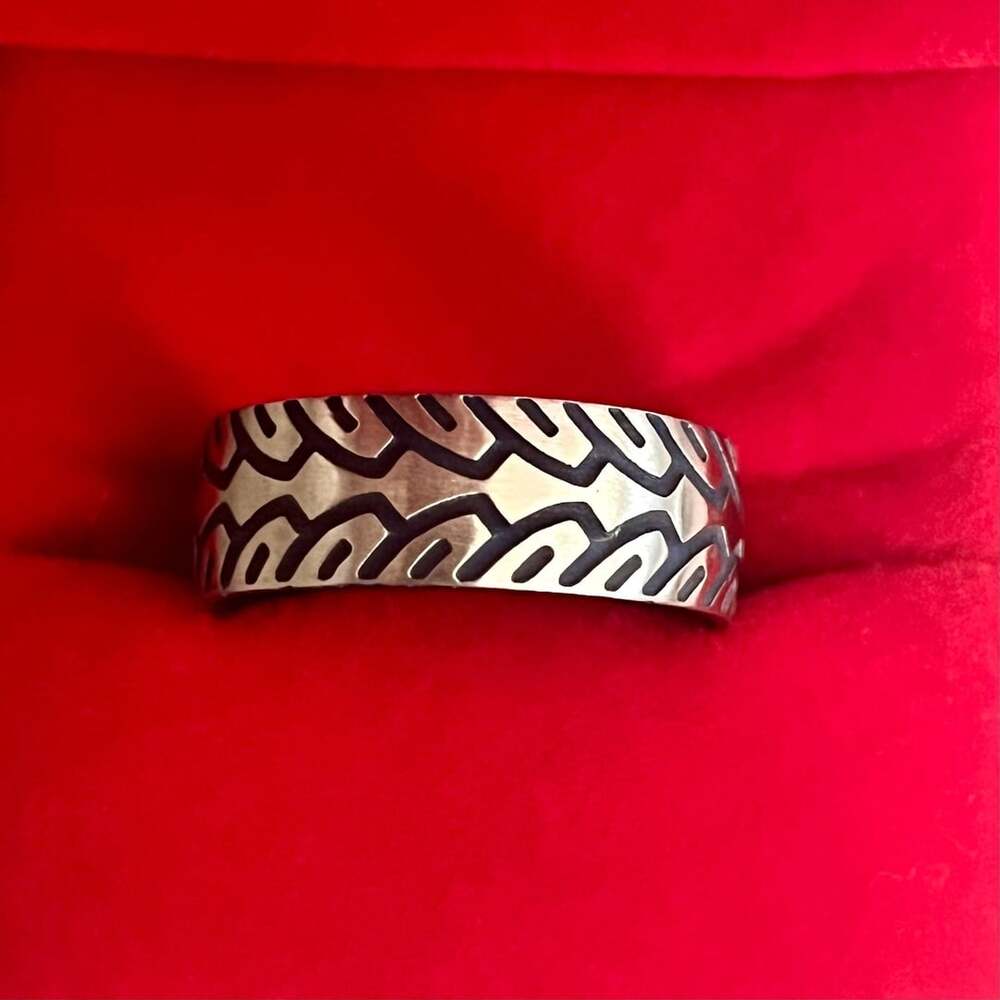 Silver/Blue Zirconium Ring Motorcycle Tire Tread Pattern 8mm Band Size 11